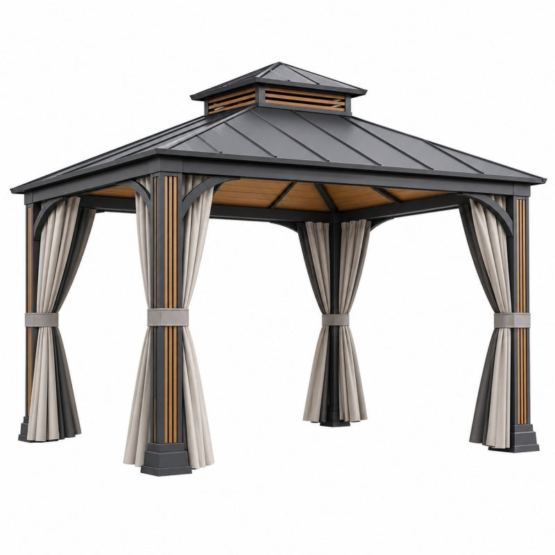 Altana ogrodowa 300 x 300 x 300 cm metalowa czarna z beżowymi zasłonami