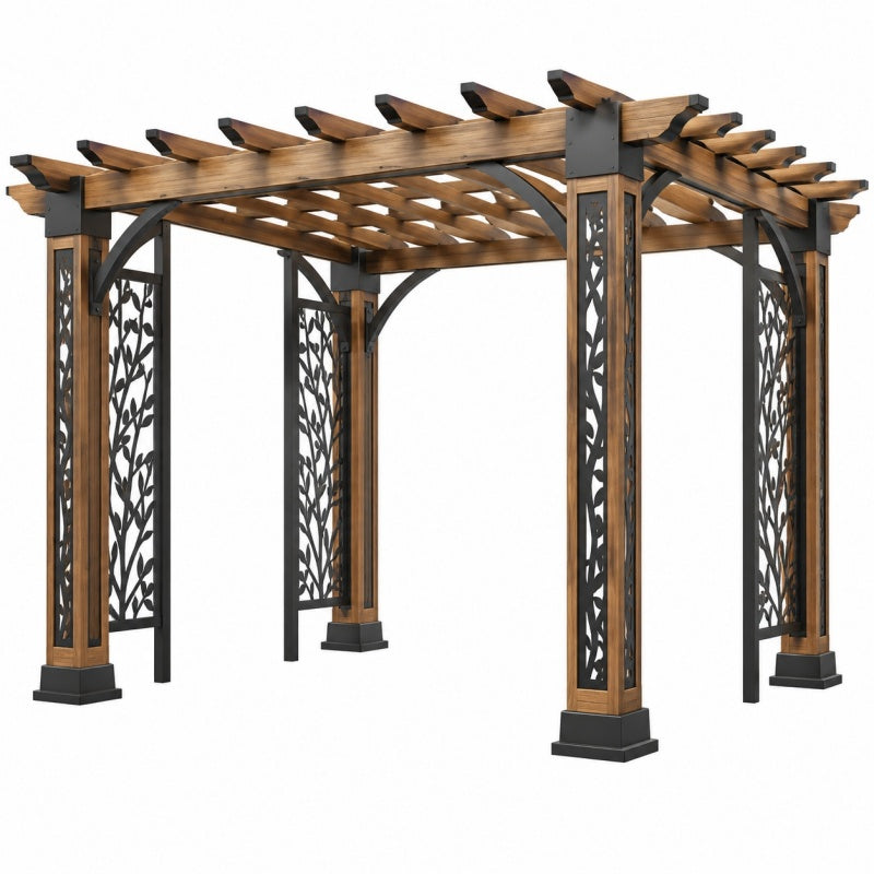 Pergola ogrodowa 300 x 300 x 240 cm z drewna i metalu brązowo-czarna