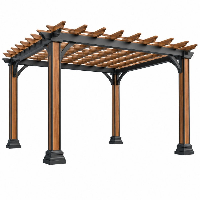 Pergola ogrodowa 300 x 300 x 240 cm z drewna i metalu brązowo-czarna z ażurowym dachem