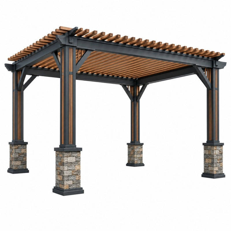 Pergola ogrodowa 400 x 300 x 280 cm z metalu i drewna czarno brązowa z ażurowym dachem