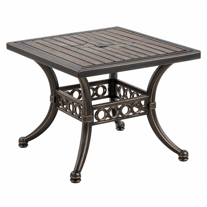 Stół ogrodowy 90 x 90 x 74 cm metalowy czarno brązowy - kwadratowy z otworem na parasol